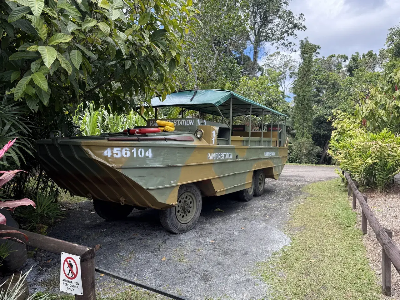 The amphibious Army Duck vehicle parked at Rainforestation