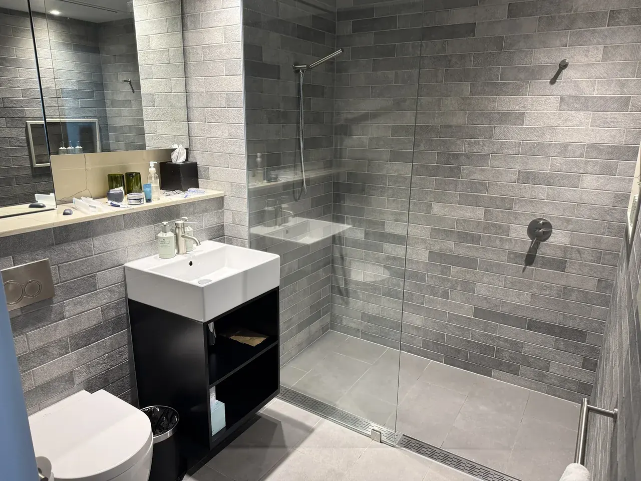 The grey-tiled bathroom and walk-in shower