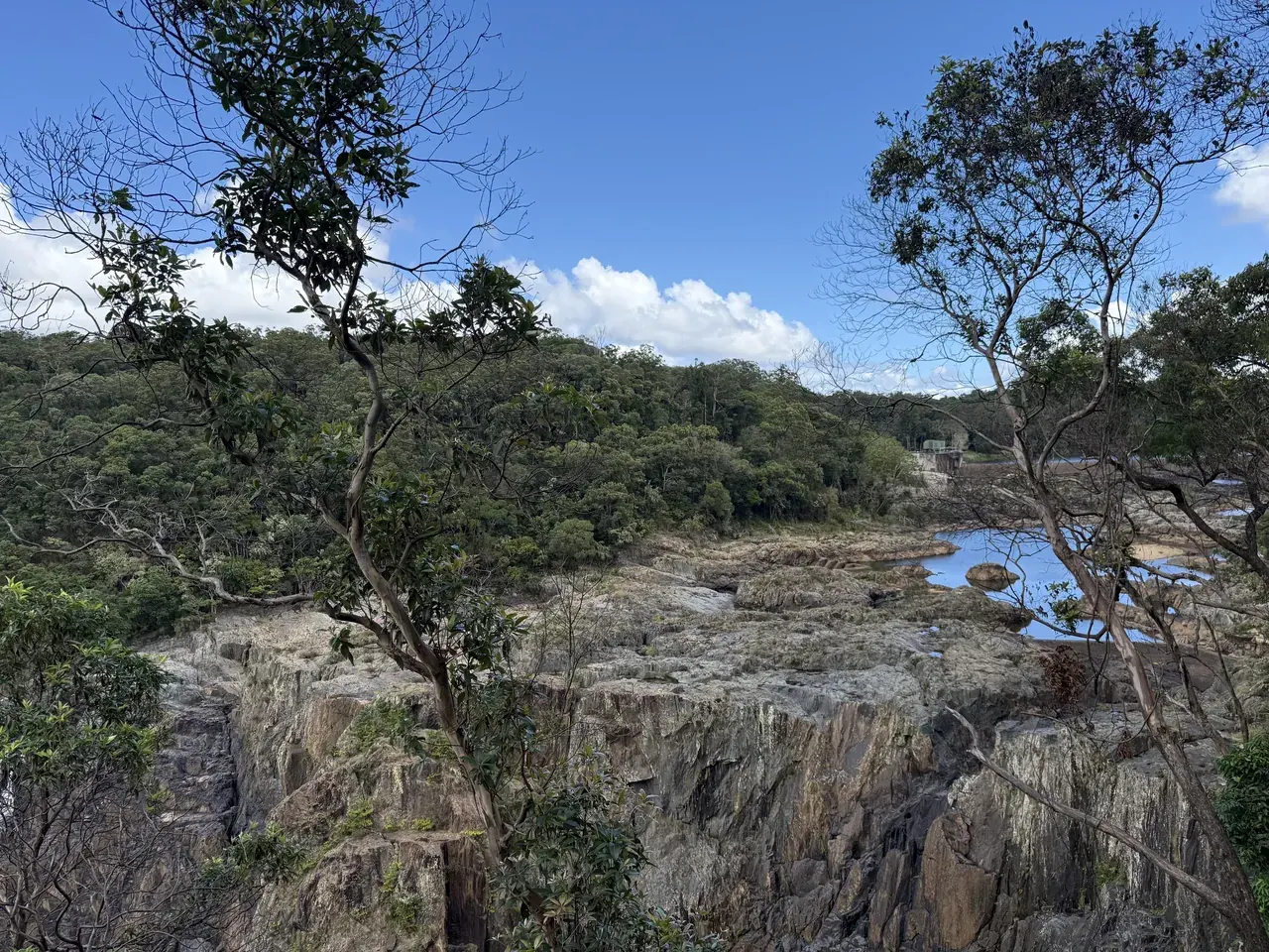 Barron Falls tumbling over rock between rainforest walls