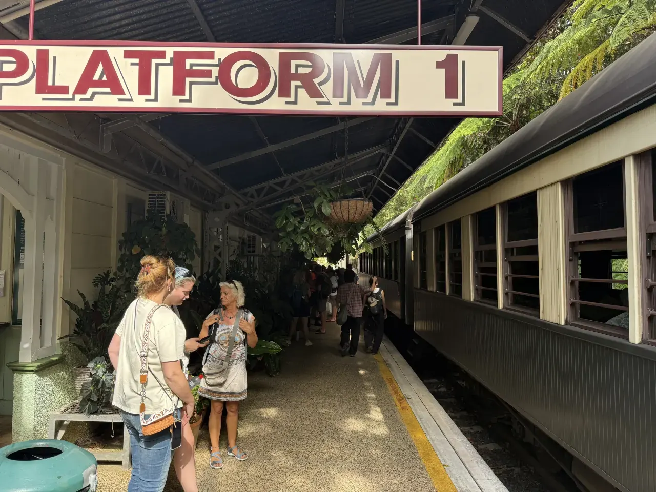 Passengers and a train on the Kuranda station platform