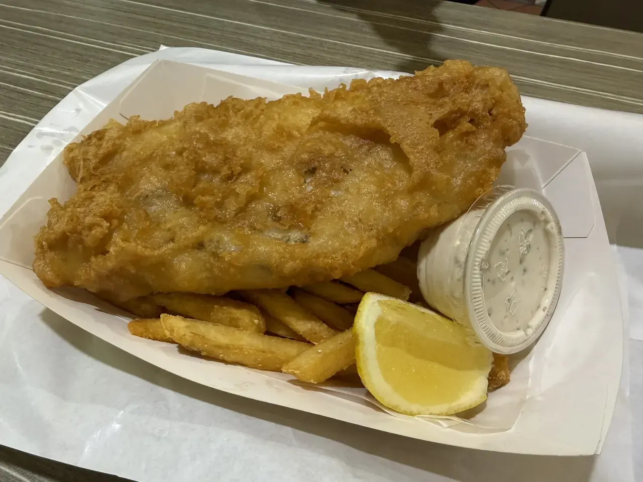 Fish and chips with lemon and tartare sauce at the Night Markets
