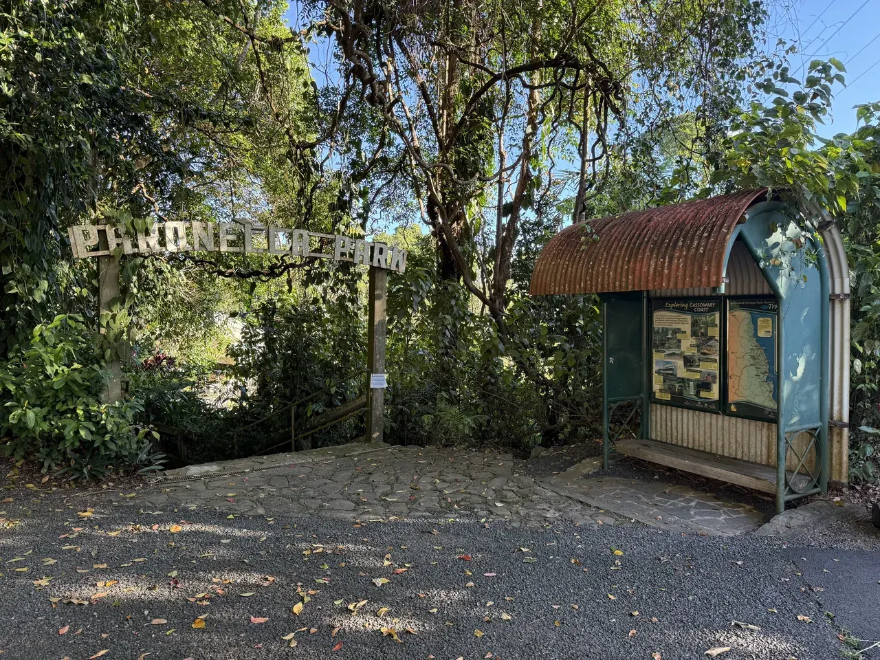 The Paronella Park entrance sign and information shelter