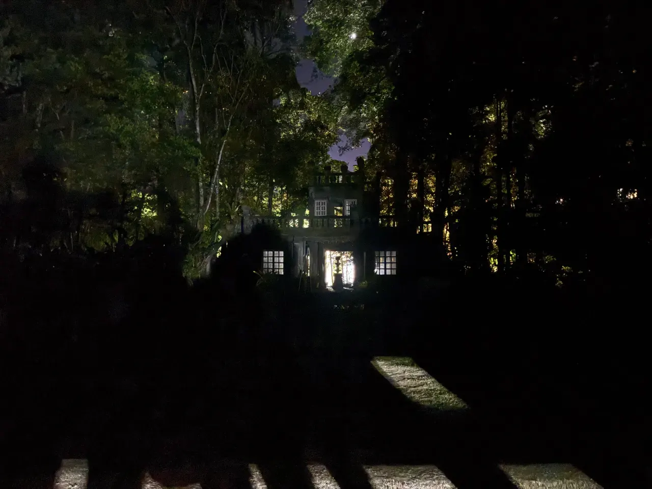 Illuminated ruin seen through the trees