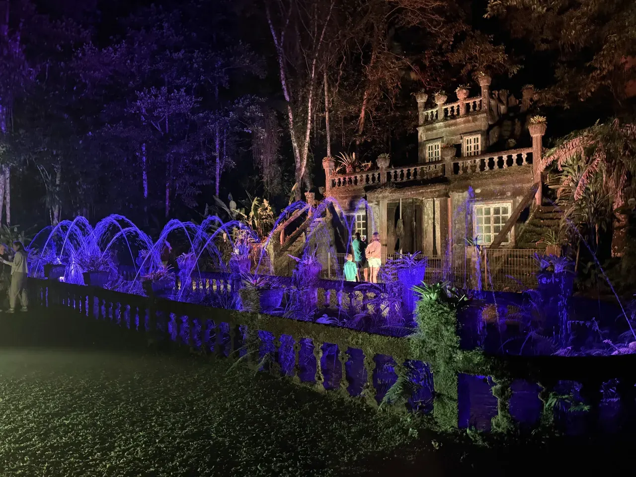 Purple fountains in front of the main building